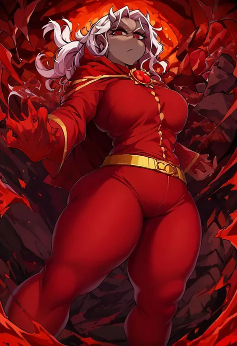 score_9, score_8_up, score_7_up, source_anime, solo, 1girl, calamitas, dark skin, looking at viewer, cast pose, white hair, demon horns, large breasts, large ass, gold trim, red cape, red robe, yellow ascot, long sleeves, red leggings, gold belt, molten rock, volcano <lora:terraria_calamitas_ponyXL:1>