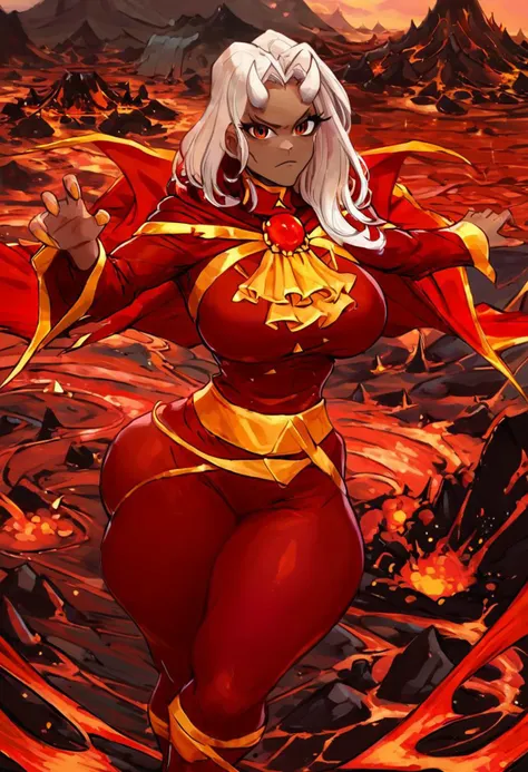 score_9, score_8_up, score_7_up, source_anime, solo, 1girl, calamitas, dark skin, looking at viewer, cast pose, white hair, demon horns, large breasts, large ass, gold trim, red cape, red robe, yellow ascot, long sleeves, red leggings, gold belt, molten rock, volcano <lora:terraria_calamitas_ponyXL:1>