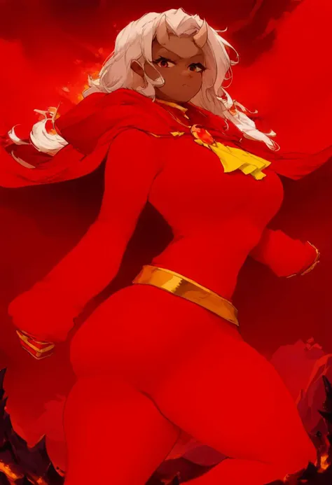 score_9, score_8_up, score_7_up, source_anime, solo, 1girl, calamitas, dark skin, looking at viewer, cast pose, white hair, demon horns, large breasts, large ass, gold trim, red cape, red robe, yellow ascot, long sleeves, red leggings, gold belt, molten rock, volcano <lora:terraria_calamitas_ponyXL:1>