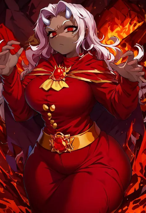 score_9, score_8_up, score_7_up, source_anime, solo, 1girl, calamitas, dark skin, looking at viewer, cast pose, white hair, demon horns, large breasts, large ass, gold trim, red cape, red robe, yellow ascot, long sleeves, red leggings, gold belt, molten rock, volcano <lora:terraria_calamitas_ponyXL:1>