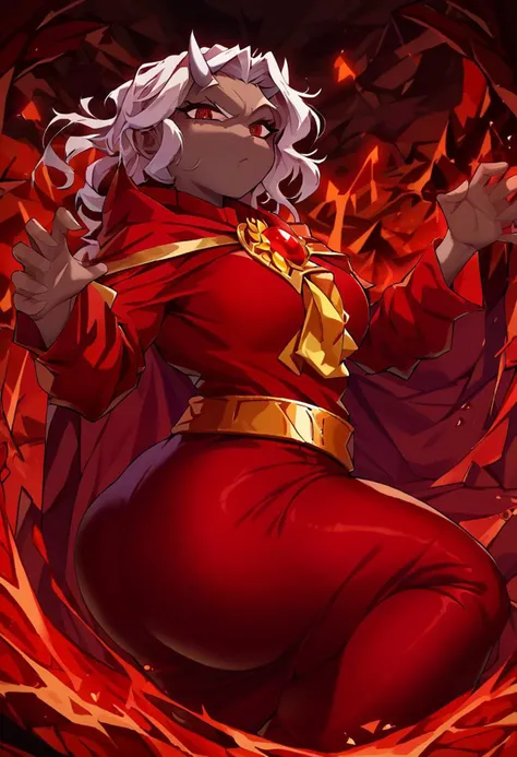 score_9, score_8_up, score_7_up, source_anime, solo, 1girl, calamitas, dark skin, looking at viewer, cast pose, white hair, demon horns, large breasts, large ass, gold trim, red cape, red robe, yellow ascot, long sleeves, red leggings, gold belt, molten rock, volcano <lora:terraria_calamitas_ponyXL:1>