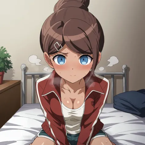 score_9, score_8_up, score_7_up, score_6_up, score_5_up, score_4_up, BREAK source_anime,POV,on bed,sitting(blush,steam,sweat:1.3), <lora:Asahina_Aoi_Anime_V2:1>asahina aoi, danganronpa, ponytail, blue eyes, tan, hairclip,red jacket, red tracksuit, long sleeves, white tank top, short shorts, blue shorts, cleavage