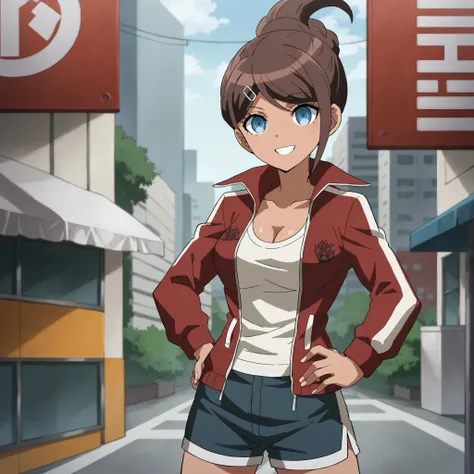 score_9, score_8_up, score_7_up, score_6_up, score_5_up, score_4_up, BREAK source_anime,city,outdoor,smile,standing,put hands on hips, <lora:Asahina_Aoi_Anime_V2:1>asahina aoi, danganronpa, ponytail, blue eyes, tan, hairclip,red jacket, red tracksuit, long sleeves, white tank top, short shorts, blue shorts, cleavage