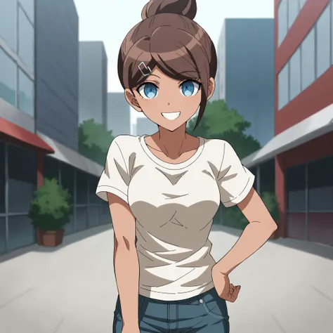 score_9, score_8_up, score_7_up, score_6_up, score_5_up, score_4_up, BREAK source_anime,POV,city,outdoor,smile,standing, <lora:Asahina_Aoi_Anime_V2:1>asahina aoi, danganronpa, ponytail, blue eyes, tan, hairclip,white t-shirt,short sleeves,jeans,denim