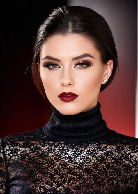 half body of A captivating masterpiece of an woman, (((dressed in a turtleneck Blouse))), The intricate lace and gold details exude a very rebellious aura. ((A bold and daring makeup look featuring ombre lips that transition from a deep, dark red at the center to a glossy black at the outer edges. The lips are expertly lined and filled in with precision, creating a gradient effect that is both edgy and sophisticated)). ((The use of high-shine gloss adds a touch of glamour and dimension to the look)), ((while the deep red and black hues give it a dramatic, vampy vibe)), The background is a dark old manor room with fireplace only giving light to room, architecture creating a exigent atmosphere., low-key photography:1.3, one rim side light, narrow lighting,, only one light source, facing camera, shallow depth of field, <lora:MS_SaraStone_V1_SDXL:0.8>