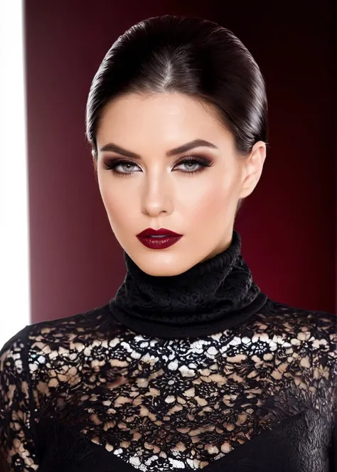 half body of A captivating masterpiece of an woman, (((dressed in a turtleneck Blouse))), The intricate lace and gold details exude a very rebellious aura. ((A bold and daring makeup look featuring ombre lips that transition from a deep, dark red at the center to a glossy black at the outer edges. The lips are expertly lined and filled in with precision, creating a gradient effect that is both edgy and sophisticated)). ((The use of high-shine gloss adds a touch of glamour and dimension to the look)), ((while the deep red and black hues give it a dramatic, vampy vibe)), The background is a dark old manor room with fireplace only giving light to room, architecture creating a exigent atmosphere., low-key photography:1.3, one rim side light, narrow lighting,, only one light source, facing camera, shallow depth of field, <lora:MS_SaraStone_V1_SDXL:0.8>