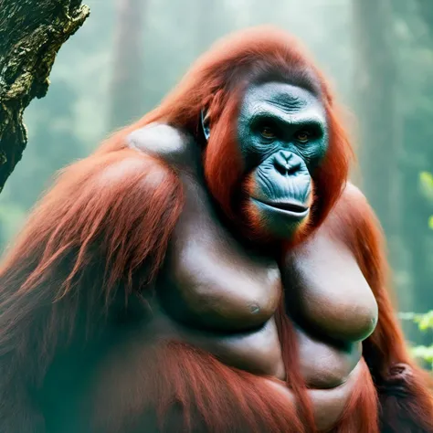photo of (PongoAbelii:1.1) Red haired, Obese Bigfoot, American Mountain (style by fking_scifi_v2:1)