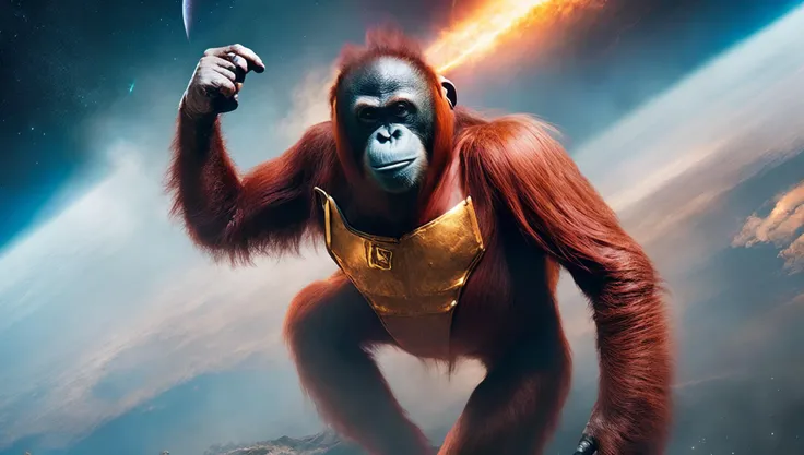 photo of (PongoAbelii:1.1) Space Orangutan, wearing Flash Gordon outfit, standing on Rocket ship (style by fking_scifi_v2:1)