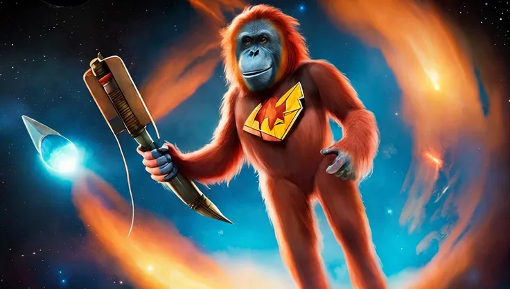 photo of (PongoAbelii:1.1) Space Orangutan, wearing Flash Gordon outfit, standing on Rocket ship (style by fking_scifi_v2:1)