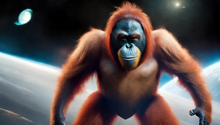 (PongoAbelii:1.1) Space Orangutan, wearing Flash Gordon outfit, on the moon (style by fking_scifi_v2:1)