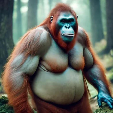 photo of (PongoAbelii:1.1) Red haired, Obese Bigfoot, American Mountain (style by fking_scifi_v2:1)