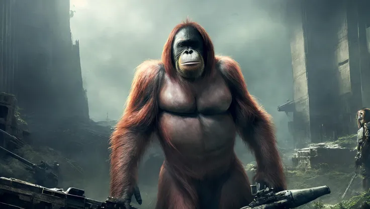 (PongoAbelii:1.1) Planet of the Orangutan, stands on building ruins, in military uniform (style by fking_scifi_v2:1)