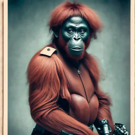 photo, (Sniper PongoAbelii:1) (Ape Soldier wearing Uniform:1) holding (Sniper Rifle)