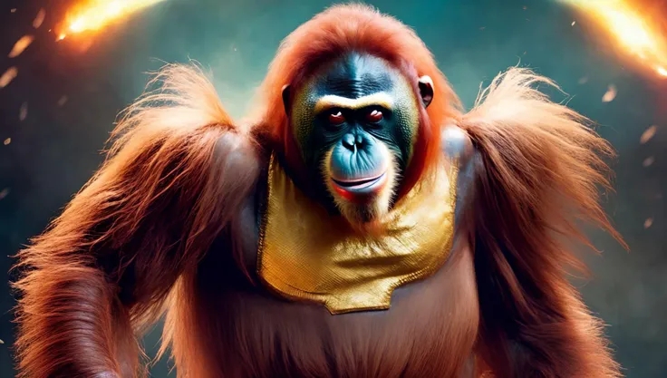 photo of (PongoAbelii:1.1) Space Orangutan, wearing Flash Gordon outfit, standing on Rocket ship (style by fking_scifi_v2:1)
