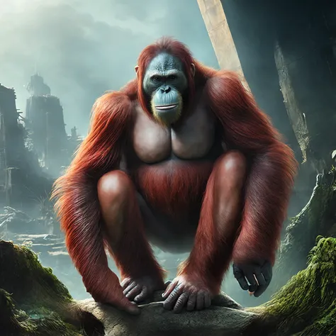 (PongoAbelii:1.1) Planet of the Orangutan, stands on building ruins, (style by fking_scifi_v2:1)