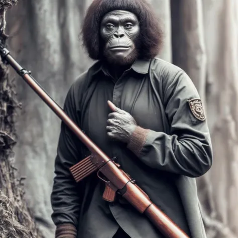 photo, (Sniper PongoAbelii:1) (Ape Soldier wearing Uniform:1) holding (Sniper Rifle)
