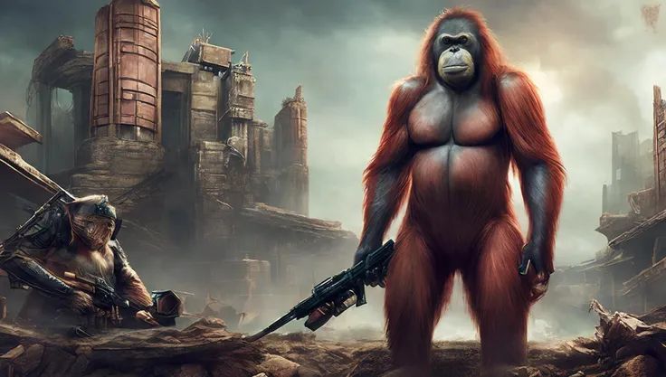 (PongoAbelii:1.1) Planet of the Orangutan, stands on building ruins, in military uniform (style by fking_scifi_v2:1)