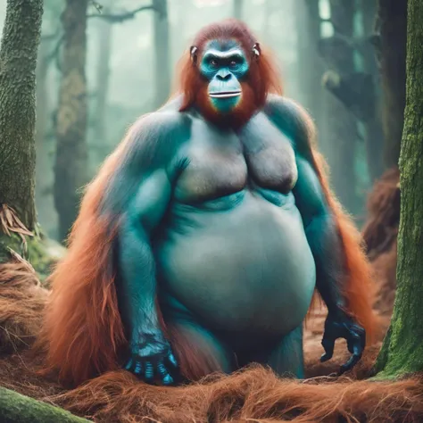 photo of (PongoAbelii:1.1) (Red haired Obese Bigfoot), American Mountain (style by fking_scifi_v2:1)