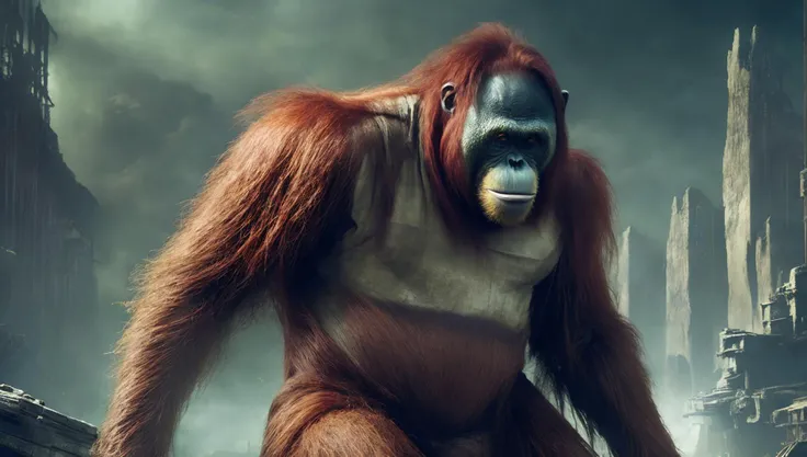 (PongoAbelii:1.1) Planet of the Orangutan, stands on building ruins, in military uniform (style by fking_scifi_v2:1)