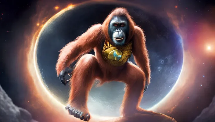 (PongoAbelii:1.1) Space Orangutan, wearing Flash Gordon outfit, on the moon (style by fking_scifi_v2:1)