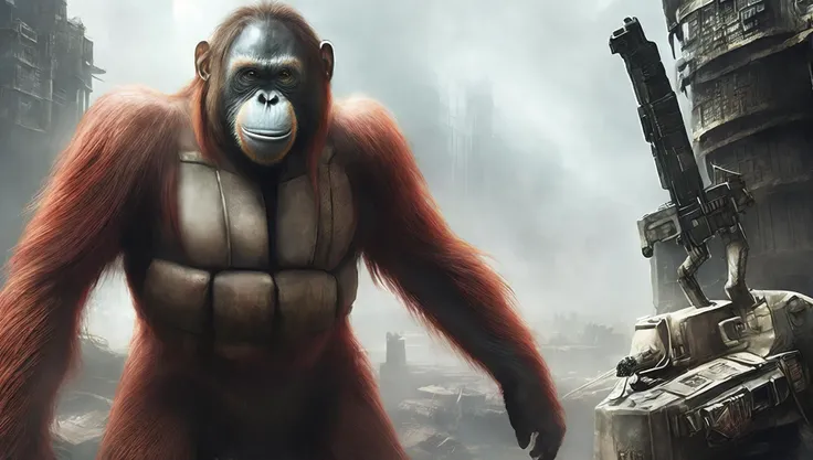 (PongoAbelii:1.1) Planet of the Orangutan, stands on building ruins, in military uniform (style by fking_scifi_v2:1)