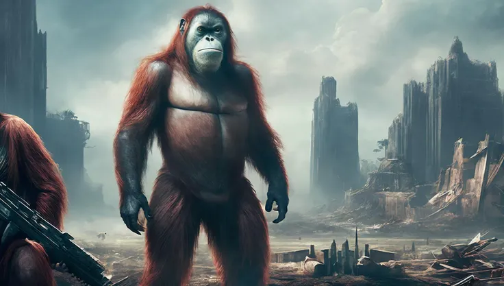 (PongoAbelii:1.1) Planet of the Orangutan, stands on building ruins, in military uniform (style by fking_scifi_v2:1)