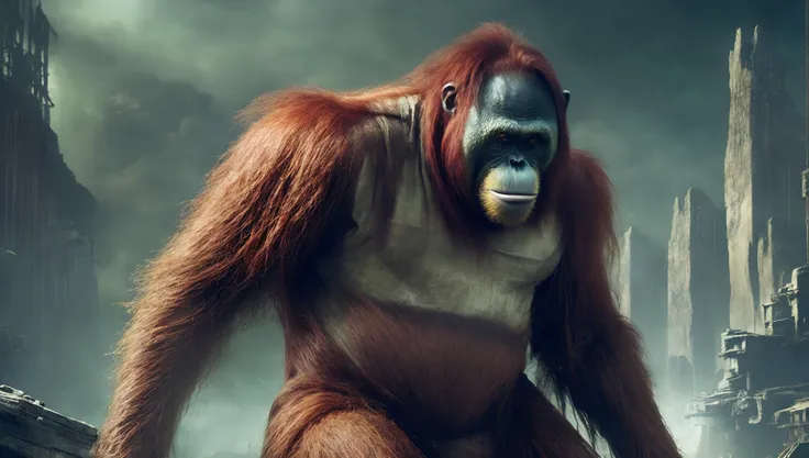 (PongoAbelii:1.1) Planet of the Orangutan, stands on building ruins, in military uniform (style by fking_scifi_v2:1)
