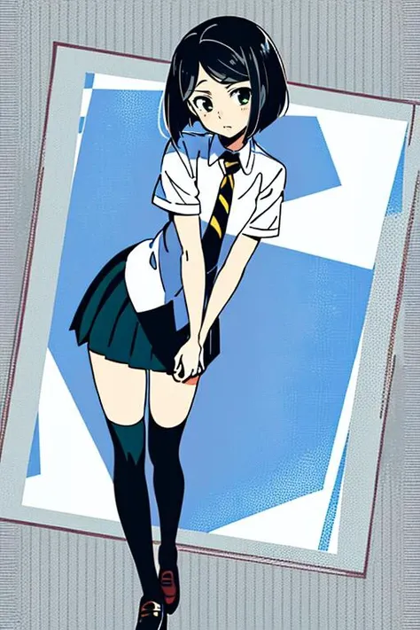 masterpiece,
solo, front view,
1girl, standing, looking_at_viewer,
<lora:woman_of_el-melloi_v1:1>, woem, waver velvet, bangs, black hair, bob cut, genderswap, genderswap (mtf), green eyes, short hair, parted bangs, school uniform, necktie, skirt, pleated skirt, shoes, socks, thighhighs, zettai ryouiki,
