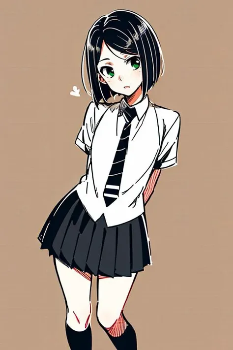 masterpiece,
solo, front view,
1girl, standing, looking_at_viewer,
<lora:woman_of_el-melloi_v1:1>, woem, waver velvet, bangs, black hair, bob cut, genderswap, genderswap (mtf), green eyes, short hair, parted bangs, school uniform, necktie, skirt, pleated skirt, shoes, socks, thighhighs, zettai ryouiki,