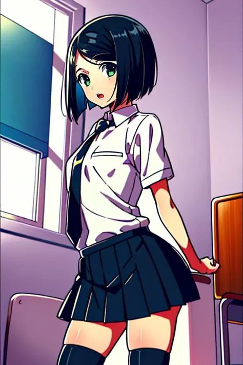 masterpiece, 
solo, front view, 
1girl, standing, looking_at_viewer, 
<lora:woman_of_el-melloi_v1:1>, woem, waver velvet, bangs, black hair, bob cut, genderswap, genderswap (mtf), green eyes, short hair, parted bangs, school uniform, necktie, skirt, pleated skirt, shoes, socks, thighhighs, zettai ryouiki,