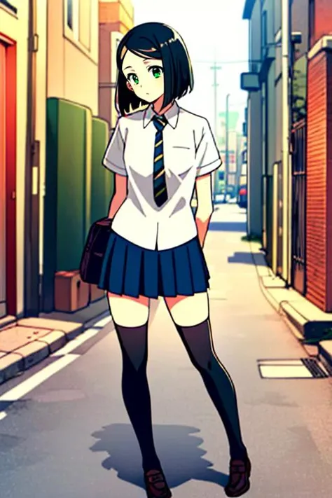 masterpiece, 
solo, front view, 
1girl, standing, looking_at_viewer, 
<lora:woman_of_el-melloi_v4:1>, woem, waver velvet, bangs, black hair, bob cut, genderswap, genderswap (mtf), green eyes, short hair, parted bangs, school uniform, necktie, skirt, miniskirt, pleated skirt, shoes, socks, thighhighs, zettai ryouiki,