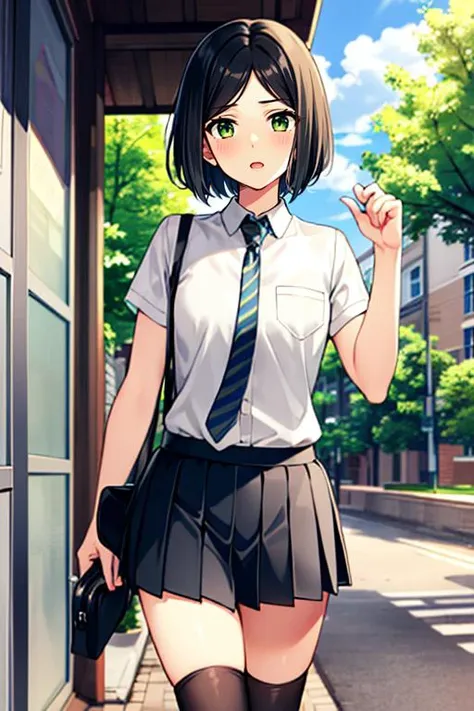 masterpiece, 
solo, front view, 
1girl, standing, looking_at_viewer, 
<lora:woman_of_el-melloi_v3:1>, woem, waver velvet, bangs, black hair, bob cut, genderswap, genderswap (mtf), green eyes, short hair, parted bangs, school uniform, necktie, skirt, pleated skirt, shoes, socks, thighhighs, zettai ryouiki,