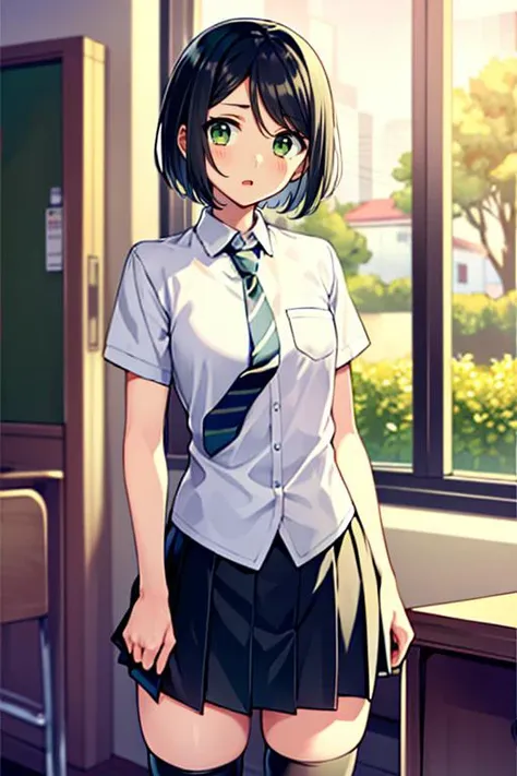 masterpiece, 
solo, front view, 
1girl, standing, looking_at_viewer, 
<lora:woman_of_el-melloi_v3:1>, woem, waver velvet, bangs, black hair, bob cut, genderswap, genderswap (mtf), green eyes, short hair, parted bangs, school uniform, necktie, skirt, pleated skirt, shoes, socks, thighhighs, zettai ryouiki,