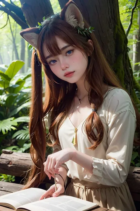 (masterpiece), best quality, expressive eyes, perfect face, 1girl, solo, In a magical kingdom, there exists a hidden forest where the trees are said to whisper ancient secrets. A humble woodsman, guided by a talking fox with emerald eyes, embarks on a quest to uncover the truth hidden within the enchanted woods. Along the way, they encounter peculiar creatures, cryptic riddles, and unexpected allies. Write an enchanting story about their journey and the extraordinary discoveries that await them in this mystical forest, <lora:catmink-04:1>