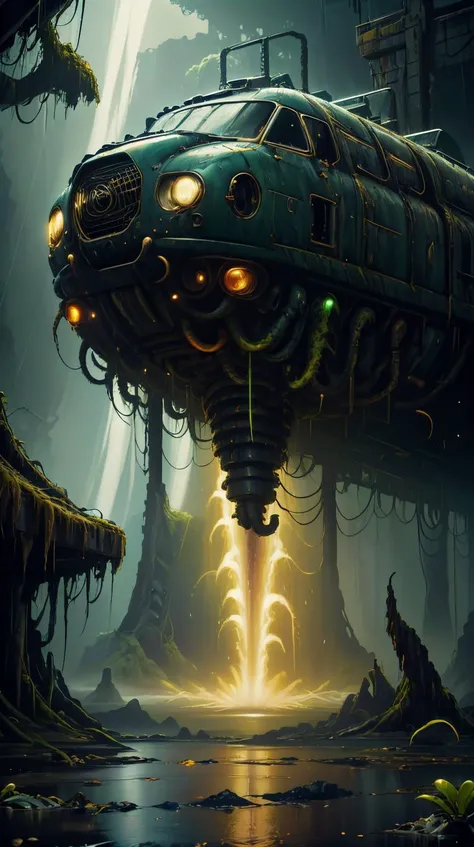 <lora:DavyJonesLockerStyle:1.0>DavyJonesLockerStyle a rainstorm releasing oil instead of water in a cybernetic rainforest, (Masterpiece:1.3) (best quality:1.2) (high quality:1.1), composition,artstation,professional photo,Establishing shot,cinematic colors,cinematography,concept art,ultra realistic,magic,highly detailed