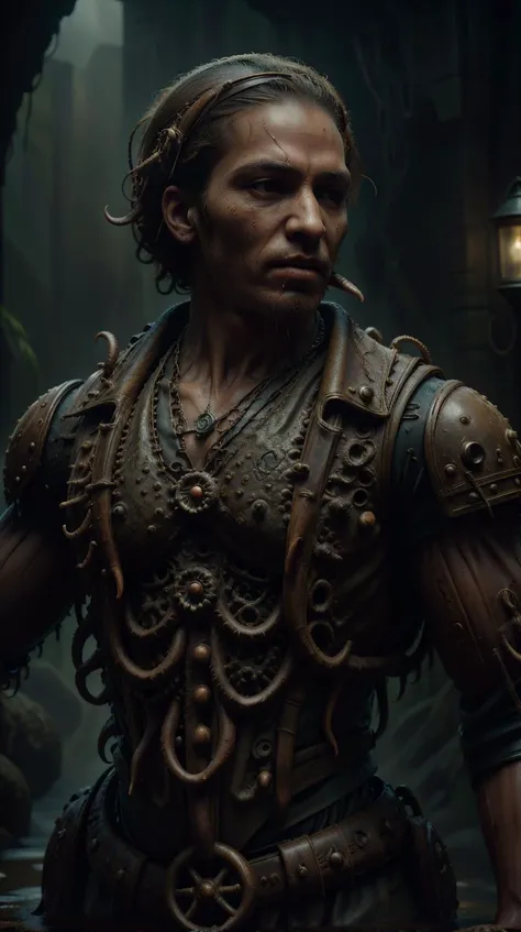 <lora:DavyJonesLockerStyle:1>DavyJonesLockerStyle solo, upper body, detailed background, detailed face, (<lora:SteamPunkBundleV3:0.4>, steampunkai, steampunk theme:1.1), adventurer, spelunking, dynamic pose, focused, leather clothes, vest, 50%bandana, amulet, lantern, mountains background, vines, dim light, occult, epic atmosphere,, steampunk, wet, dripping, tentacle, (Masterpiece:1.3) (best quality:1.2) (high quality:1.1)