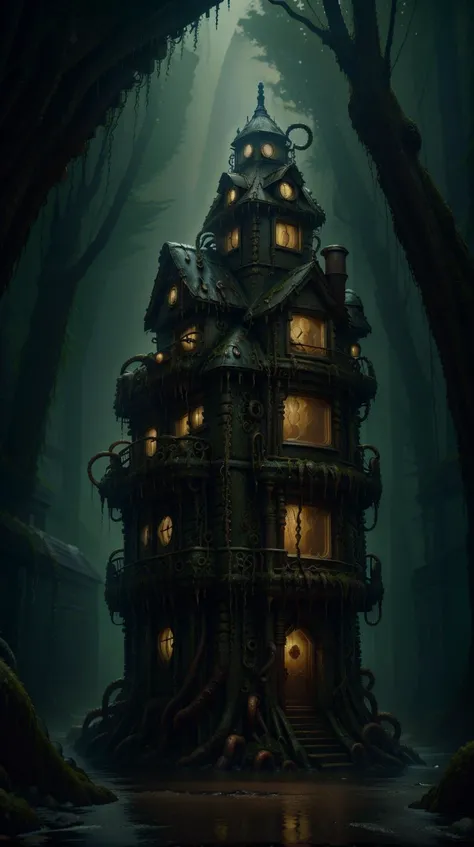 <lora:DavyJonesLockerStyle:1>DavyJonesLockerStyle metropolis cottage in boreal forest biome, steampunk, wet, dripping, tentacle, (Masterpiece:1.3) (best quality:1.2) (high quality:1.1)