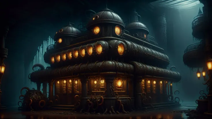 <lora:DavyJonesLockerStyle:1>DavyJonesLockerStyle futuristic hologamble casino, bamboo
,cob, gas lanterns, black lights
, steampunk, wet, dripping, tentacle, (Masterpiece:1.3) (best quality:1.2) (high quality:1.1)
