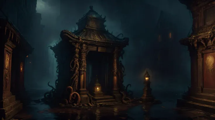 <lora:DavyJonesLockerStyle:0.8>DavyJonesLockerStyle a shrine unveiling disturbing relics in the ghostly evening light, steampunk, wet, dripping, tentacle, (Masterpiece:1.3) (best quality:1.2) (high quality:1.1)