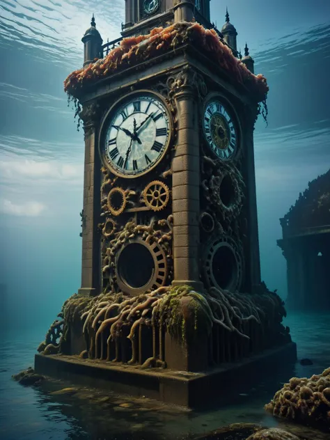 DavyJonesLockerStyle grand clock tower, its gears and hands slowed by coral growth and anemones, as if time itself bends beneath the waves <lora:DavyJonesLockerStyleXL:1> <lora:EnvyBetterHiresFixXL01:0:hr=1>