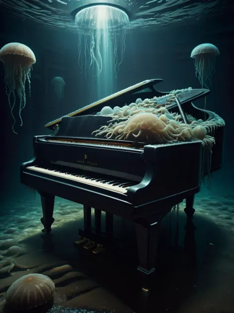 DavyJonesLockerStyle grand piano, keys still playing a haunting melody, as a school of jellyfish float around it, casting ghostly glows in the dark water <lora:DavyJonesLockerStyleXL:1> <lora:EnvyBetterHiresFixXL01:0:hr=1>