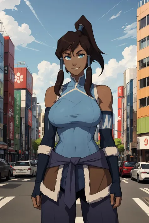 1girl, (solo:1.2), curvy, (masterpiece:1.2), (best quality:1.2), (perfect anatomy:1.4), (standing:1.4), (confident:1.2), smile, (large breasts:1.4), (cowboy shot:1.2),, <lora:Korra [Konan - v2.0]:0.8> korra, long hair, (brown hair:1.2), black hair, blue eyes, ponytail, dark skin, dark-skinned female, topknot, (hair tubes:1.4), fur-trimmed jacket around waist, (blue halterneck top:1.3), armlet, vambraces, (bare shoulders:1.3), (arm_warmers:1.3), sleeveless, (city center:1.3), (tokyo:1.2), highrise buildings, daylight, on the street, cars,, <lora:Sinensian [MockAi - v1.0]:0.8> sinensian, (soft shading:1.2)