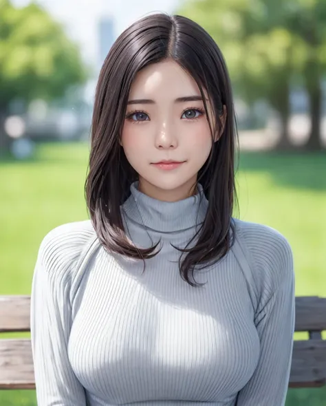 pureerosface_v1:0.3, best quality, photorealistic, 8k, high res, full color, 1girl, woman, 20 years old woman, closed mouth, (skindentation), (portrait:0.6), trees, park bench, daylight, ((park background:1.52)), full color, ((necksweater:1.68)), looking at viewer:1.8, (1girl eyes looking at viewer:1.55), (medium-length hair, blackhair, partedbangs:1.45), (bokeh), <lora:AAV-rei:0.7>