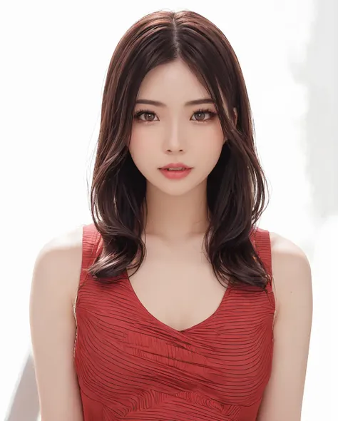 best quality, photorealistic, 8k, high res, 1girl, woman, (skindentation), (portrait:0.6), gorgeous, ((whitebackground, tanktop, small breast:1.96)), (medium wavy blackhair, parted bangs:1.6), looking at viewer, (1girl eyes looking at viewer:1.6), photorealistic, (bokeh), (floating hair, lips, closed mouth:1.43), gorgeous, pureerosface_v1, <lora:AVID-Rei:0.65>