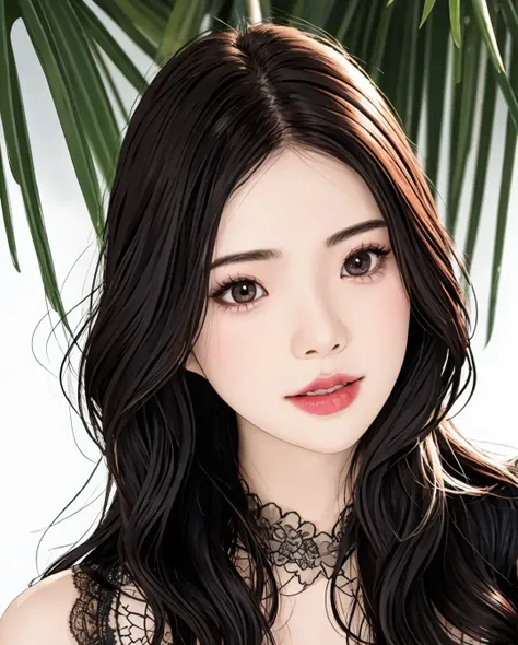 RAW, sharp focus, delicate, beautiful composition, best quality, (realistic), high quality, ultra detailed, (Real picture), (realistic skin), (intricate details), (detailed skin:1.3), (perfect glossy shiny skins:0.6), (beautiful eyes), round eyes, pretty face, Blushing face, glossy lips, [:(detailed face:1.2):0.2], shiny eyes, instagram, (kpop idol, korean mixed), a face of perfect proportion,  realistic humid skin, 8k uhd, dslr, high quality, film grain:1.3, photorealistic, best quality, 1girl, large breasts, day, beach, coconut tree, ocean wave, bright, blur background, bokeh, outdoor, (lace-trimmed dress, sleeveless dress:1.5), (parted bangs, medium-length hair, 1girl eyes looking at viewer: 1.85), gorgeous, beautiful detailed sky, (dynamic pose:0.8), (upper body:0.8), soft lighting, wind, shiny skin, pureerosface_v1,  <lora:AVID-Rei:0.75>
