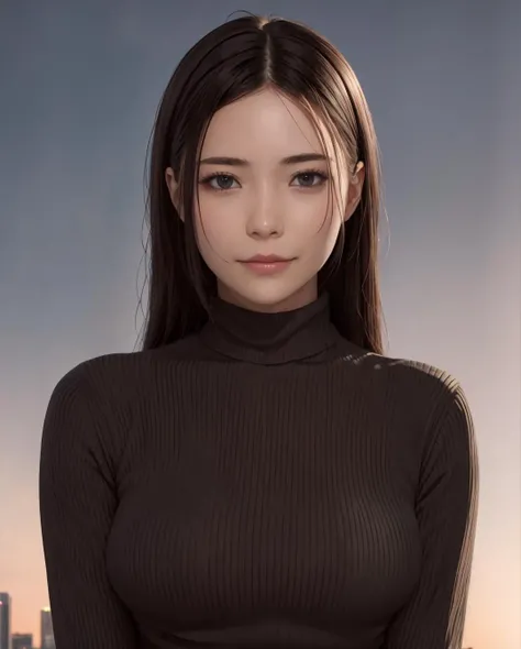 best quality, photorealistic, 8k, high res, 1girl, woman, (skindentation), (portrait:0.6), ((cityscapebackground, smallsize round breast, highneck sweater:1.5)), straight-looking at viewer:1.8, (1girl eyes looking at viewer:1.45, medium-length hair, brownhair, partedbangs:1.15), photorealistic, (bokeh), <lora:CBAV-rei:0.65>