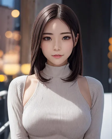 pureerosface_v1, best quality, photorealistic, 8k, high res, 1girl, woman, (skindentation), (portrait:0.6), ((cityscapebackground:1.6, smallsize round breast, highneck sweater:1.5)), straight-looking at viewer:1.8, (1girl eyes looking at viewer:1.45, medium-length hair, blackhair, partedbangs:1.15), photorealistic, (bokeh), <lora:CBAV-rei:0.65>