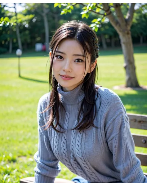 pureerosface_v1:0.3, best quality, photorealistic, 8k, high res, full color, 1girl, woman, 20 years old woman, closed mouth, (skindentation), (portrait:0.6), trees, park bench, daylight, ((park background:1.52)), full color, ((necksweater:1.68)), looking at viewer:1.8, (1girl eyes looking at viewer:1.55), (medium-length hair, blackhair, partedbangs:1.45), (bokeh), <lora:AAV-rei2:0.65>