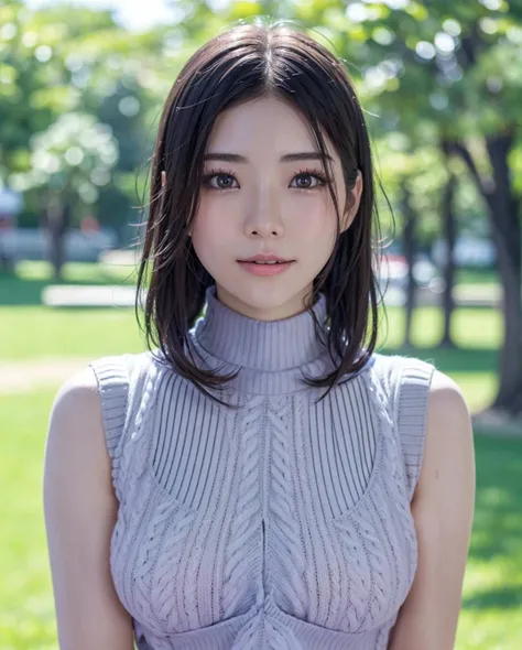 pureerosface_v1:0.3, best quality, photorealistic, 8k, high res, full color, 1girl, woman, 20 years old woman, closed mouth, (skindentation), (portrait:0.6), trees, park bench, daylight, ((park background:1.52)), full color, ((necksweater:1.68)), looking at viewer:1.8, (1girl eyes looking at viewer:1.55), (medium-length hair, blackhair, partedbangs:1.45), (bokeh), <lora:AAV-rei2:0.65>