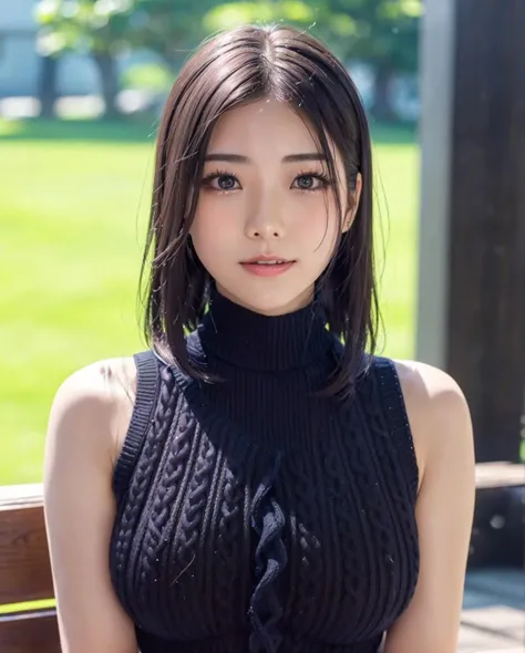 pureerosface_v1:0.3, best quality, photorealistic, 8k, high res, full color, 1girl, woman, 20 years old woman, closed mouth, (skindentation), (portrait:0.6), trees, park bench, daylight, ((park background:1.52)), full color, ((necksweater:1.68)), looking at viewer:1.8, (1girl eyes looking at viewer:1.55), (medium-length hair, blackhair, partedbangs:1.45), (bokeh), <lora:AAV-rei2:0.65>